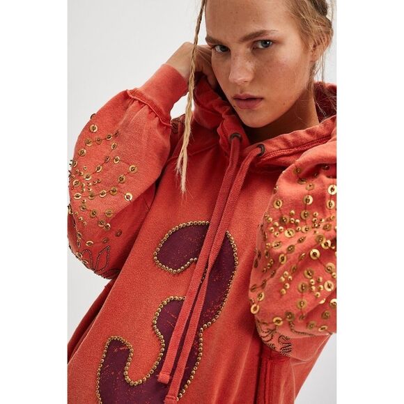 Free People Sparkle Daze Kango Hoodie Embellished We The Free Red Combo M NEW - Picture 1 of 5